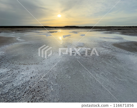 Sunset reflection on salt flats with serene scenic view Sunset reflection on salt flats with serene scenic view 116671856