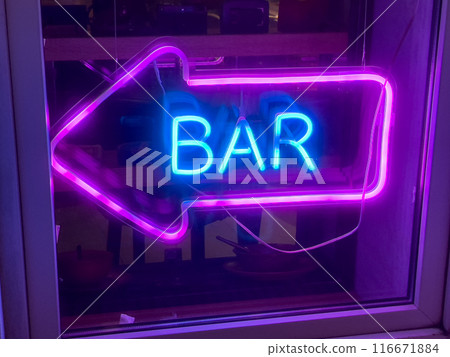 Neon bar sign with arrow in bright purple and blue colors 116671884