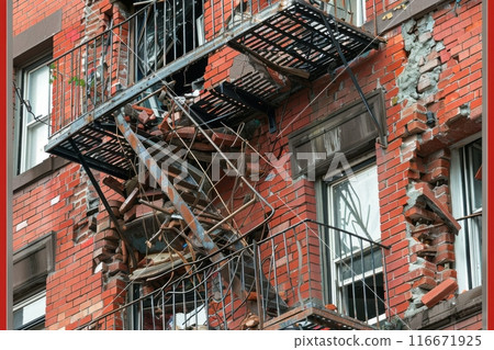 Damaged building exterior with collapsed fire escape Damaged building exterior with collapsed fire escape 116671925