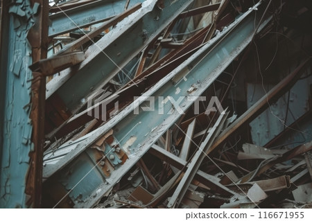 Rubble and debris from a demolished building structure 116671955