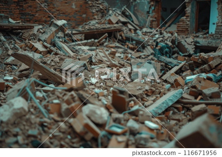 Rubble and debris from demolished building in urban area 116671956
