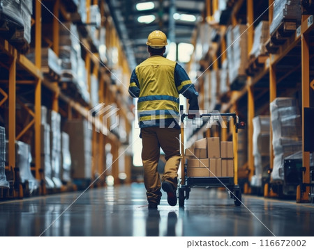 Warehouse worker pushing cart with boxes in storage facility 116672002