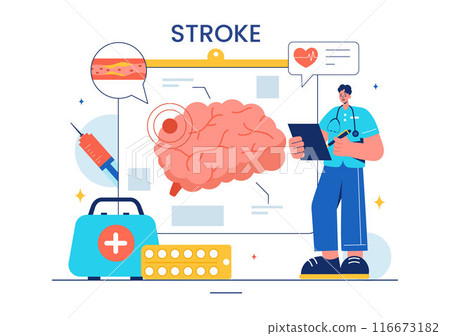 A Vector Illustration of Human Brain Stroke Highlighting Medical Details, Hemorrhage, and Pain Points for Health Checks in a Flat Cartoon Background 116673182