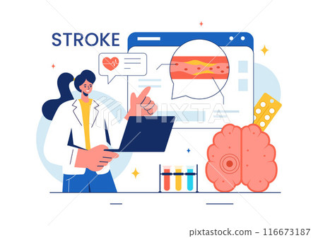 A Vector Illustration of Human Brain Stroke Highlighting Medical Details, Hemorrhage, and Pain Points for Health Checks in a Flat Cartoon Background A Vector Illustration of Human Brain Stroke Highlighting Medical Details, Hemorrhage, and Pain Points for Health Checks in a Flat Cartoon Background 116673187