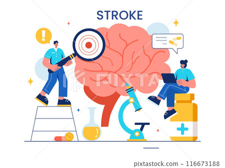 A Vector Illustration of Human Brain Stroke Highlighting Medical Details, Hemorrhage, and Pain Points for Health Checks in a Flat Cartoon Background A Vector Illustration of Human Brain Stroke Highlighting Medical Details, Hemorrhage, and Pain Points for Health Checks in a Flat Cartoon Background 116673188