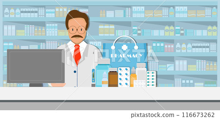 Male pharmacist at the counter in a pharmacy shop. 116673262