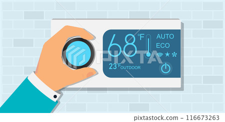 Hand regulates the smart thermostat controller in the house. Hand regulates the smart thermostat controller in the house. 116673263