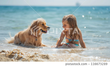 Girl and dog playing in the sea 116673289