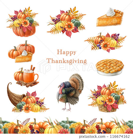 Thanksgiving festive decoration set. Watercolor vintage style illustration. Hand drawn festive floral decor, apple pie, cornucopia, turkey, border elements. Thanksgiving elements on white background 116674162
