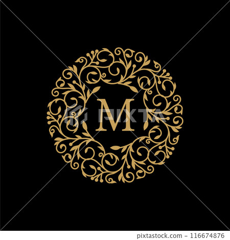Golden circle Badge ornament with initial capital Letter M Golden circle Badge ornament with initial capital Letter M 116674876