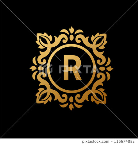 Golden circle Badge ornament with initial capital Letter R Golden circle Badge ornament with initial capital Letter R 116674882