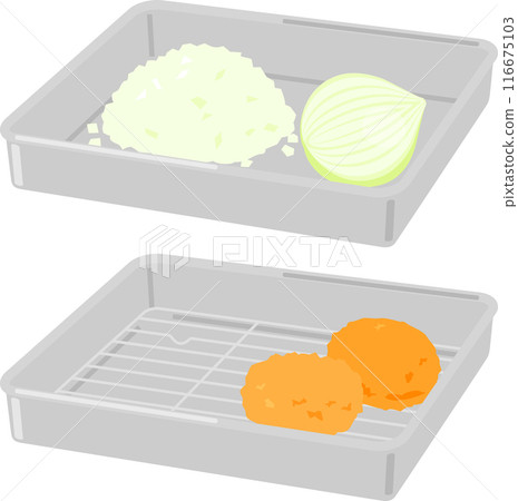 金屬托盤和裝滿切好的蔬菜和油炸食品的桶 金屬托盤和裝滿切好的蔬菜和油炸食品的桶 116675103