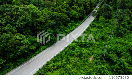 Aerial view of countryside asphalt road with car and green forest. Drive on the road between green forests. 116675980