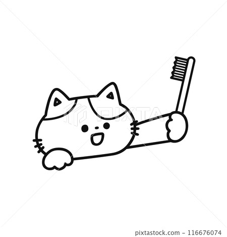 Cute cat holding a toothbrush, line drawing Cute cat holding a toothbrush, line drawing 116676074