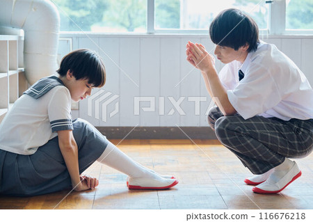 一名高中男孩向一名憂鬱的女學生伸出援手 一名高中男孩向一名憂鬱的女學生伸出援手 116676218