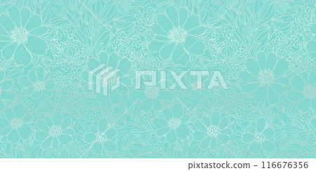 Luxurious Design of Wallpaper in the style of art deco, Silver Contour Flowers and Leaves on Tiffany color background. Great for Prints, Posters, Covers, Banners, Invitations, Beauty Products. Luxurious Design of Wallpaper in the style of art deco, Silver Contour Flowers and Leaves on Tiffany color background. Great for Prints, Posters, Covers, Banners, Invitations, Beauty Products. 116676356