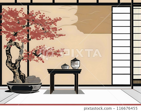 Traditional Japanese room decorated with plum tree, painted in Ukiyo-e style 116676455