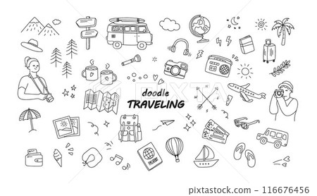Traveling doodle, cute hand drawn set of traveling elements, vacation and adventure doodle set Traveling doodle, cute hand drawn set of traveling elements, vacation and adventure doodle set 116676456