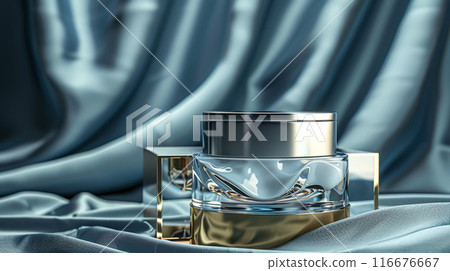 Cosmetic cream in a glass jar on a blue backdrop. Skin care concept. Background for beauty products 116676667