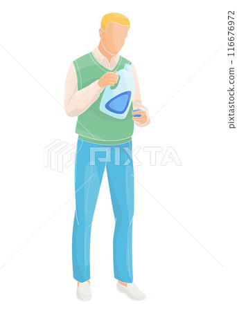 man pouring laundry detergent from bottle into cap 116676972
