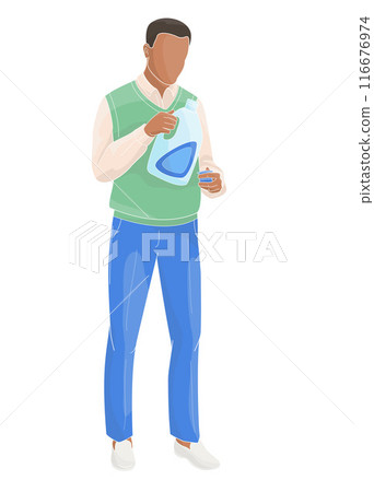 African American man pouring laundry detergent from bottle into cap African American man pouring laundry detergent from bottle into cap 116676974