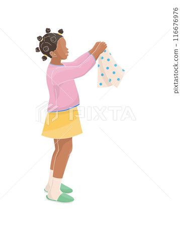 African American girl holding clean clothes in her hands 116676976