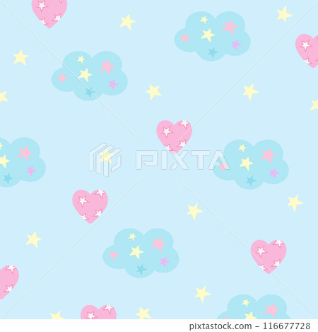 Pastel illustrations of heart, cloud, star on a pastel blue background for cute wallpaper, backdrop, Valentine card, fabric print, gift wrap, packaging, paper design, pattern, picnic blanket, duvet 116677728