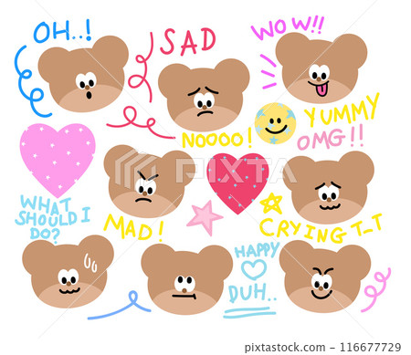 Set of teddy bear emotion including sad, mad, happy, crying, confused, surprised for cartoon, character, comic, cute patches, plush toy, doll, animal sticker, zoo, expression, emoticon, card print, ad Set of teddy bear emotion including sad, mad, happy, crying, confused, surprised for cartoon, character, comic, cute patches, plush toy, doll, animal sticker, zoo, expression, emoticon, card print, ad 116677729