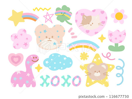 Pastel illustrations of bear, cat, dinosaur, heart, clover leaf, star, flower, cloud for cartoon, character, comic, mascot, cute patches, plush toy, doll, happy emoji, animal print, icon, sticker set 116677730