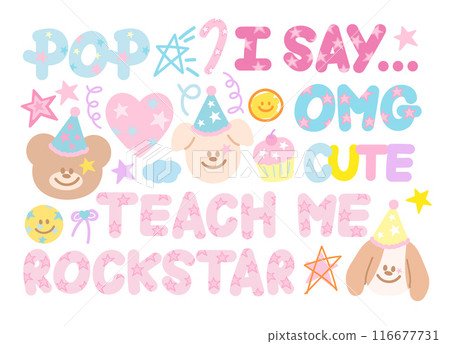Pastel illustration of teddy bear, puppy, party hat, candy cane, heart, happy emoji, cupcake, star, wordings of rockstar, omg, cute, pop for cartoon, character, animal print, font, sticker, logo, icon 116677731