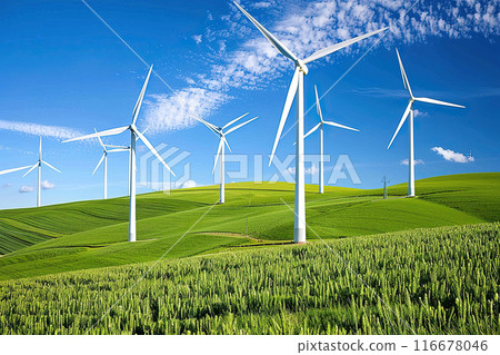 Generative ai on theme of wind power farm with rotation propellers, does not pollute environment 116678046
