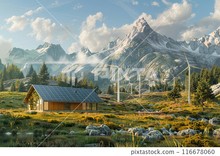 Generative ai on theme of solar cell panels and wind power farm, way alternative renewable power 116678060