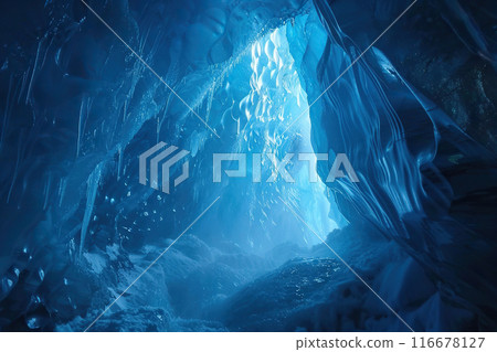 Generative ai on theme of entrance to blue ice cave covered with white snow inside a huge glacier Generative ai on theme of entrance to blue ice cave covered with white snow inside a huge glacier 116678127