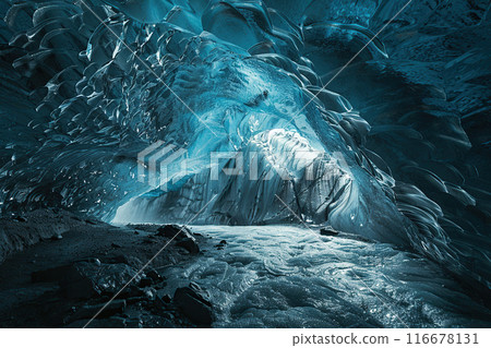 Generative ai on theme of entrance to blue ice cave covered with white snow inside a huge glacier 116678131