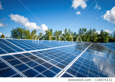 Generative ai on theme of solar cell panels in a photovoltaic power plant, eco renewable power 116678132