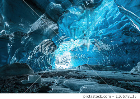 Generative ai on theme of entrance to blue ice cave covered with white snow inside a huge glacier 116678133