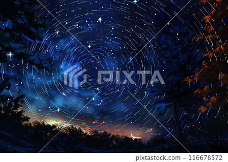 Generative ai on theme of beautiful starfall in sky, bright meteorites glow in atmosphere 116678572