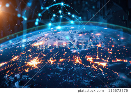 Generative ai on theme of beautiful satellite in sky, bright meteorites glow in atmosphere Generative ai on theme of beautiful satellite in sky, bright meteorites glow in atmosphere 116678576