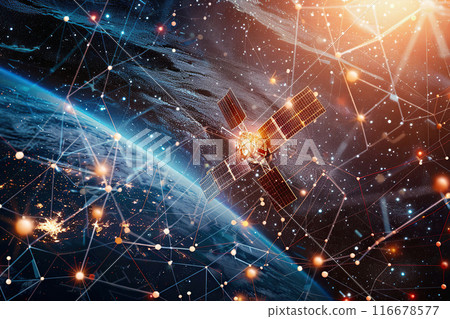 Generative ai on theme of beautiful satellite in sky, bright meteorites glow in atmosphere Generative ai on theme of beautiful satellite in sky, bright meteorites glow in atmosphere 116678577