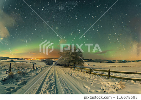 Generative ai on theme of beautiful northern lights, bright aurora borealis winter in atmosphere 116678595