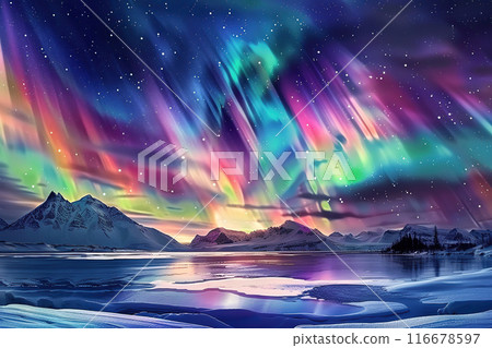 Generative ai on theme of beautiful northern lights, bright aurora borealis winter in atmosphere 116678597