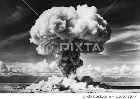Generative ai on theme of scary nuclear explosion in outdoor, mushroom cloud of nuclear weapons 116678677