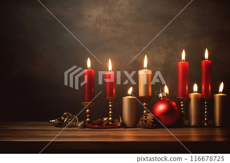 Candlestick with burning candles for Hanukkah, Ai generated 116678725