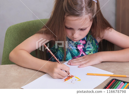 School girl draws cat with colored pencils. Art creativity and hobby. Childhood and activities at home. 116678798