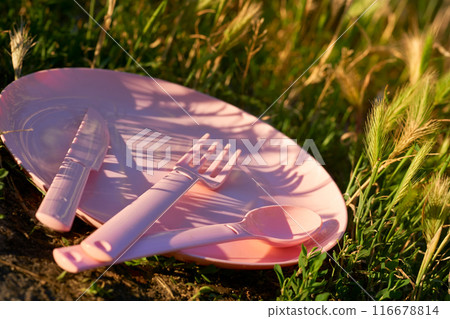 Camping sunset snack.Pink plastic dinnerware set.Plate,fork,knife,spoon Camping sunset snack.Pink plastic dinnerware set.Plate,fork,knife,spoon 116678814