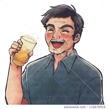 Illustration of a man getting drunk on beer in a retro Showa-era style Illustration of a man getting drunk on beer in a retro Showa-era style 116678916