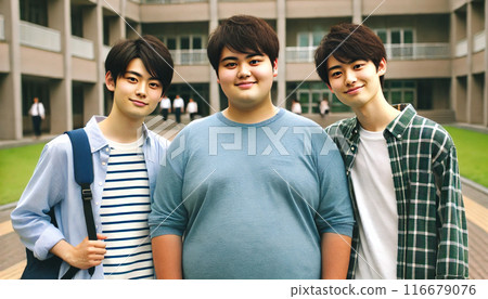 三名微笑的日本學生在大學校園裡排成一排的合照。 三名微笑的日本學生在大學校園裡排成一排的合照。 116679076