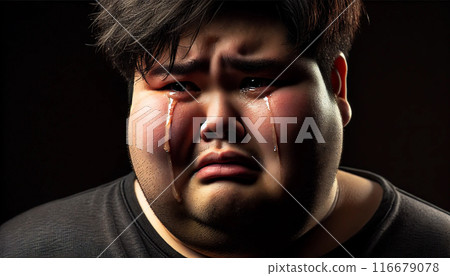 一位日本年輕人在黑暗中痛哭的情感肖像。 一位日本年輕人在黑暗中痛哭的情感肖像。 116679078