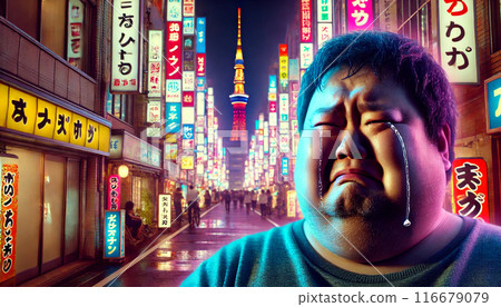 夜晚東京霓虹燈閃爍的街道上,日本男子哭泣的感人場景。 夜晚東京霓虹燈閃爍的街道上,日本男子哭泣的感人場景。 116679079