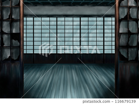 一棟被摧毀的日本房屋的可怕插圖，光線透過障子和地板閃耀 116679139